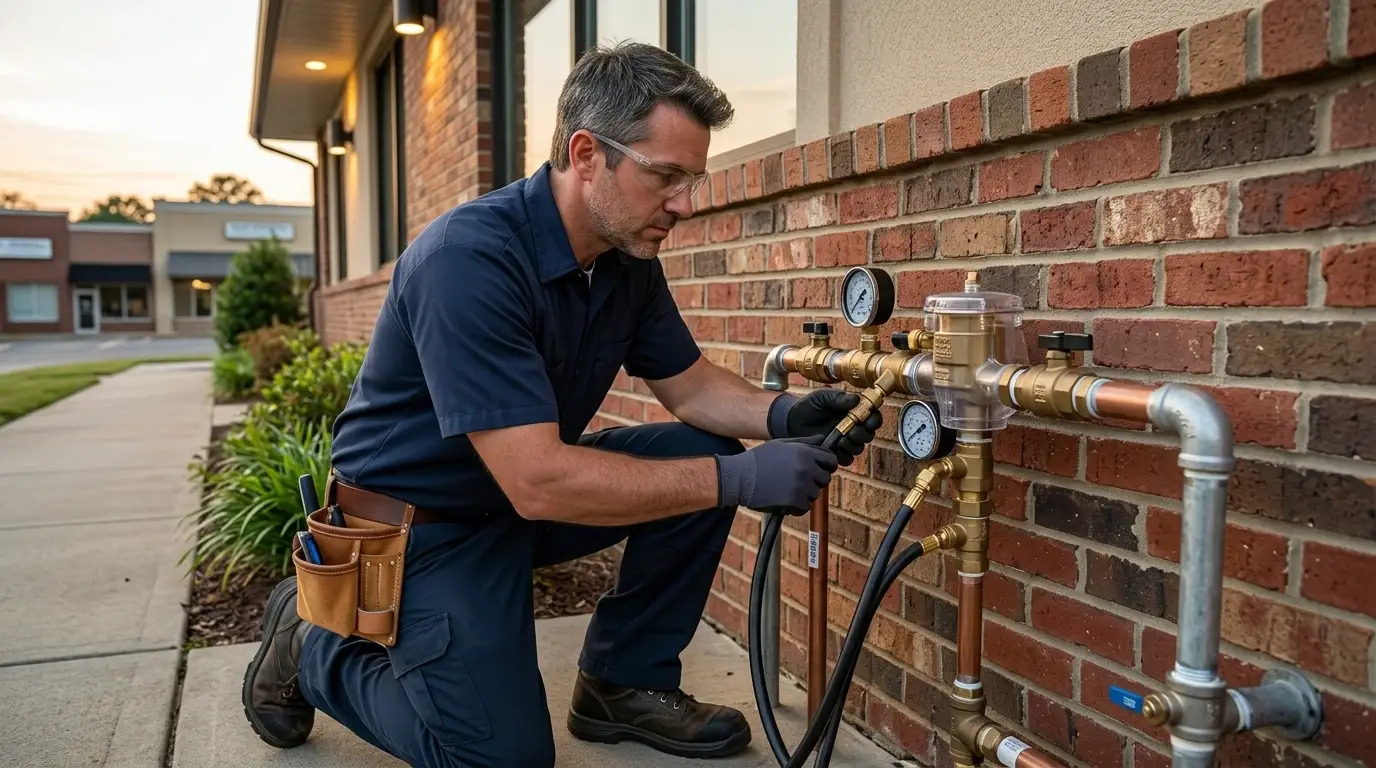 Plumber testing a backflow prevention device in Tupelo, MS