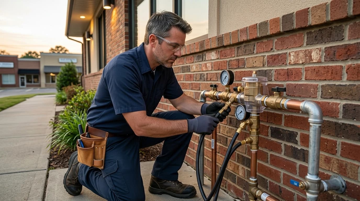 Plumber testing a backflow prevention device in Tupelo, MS