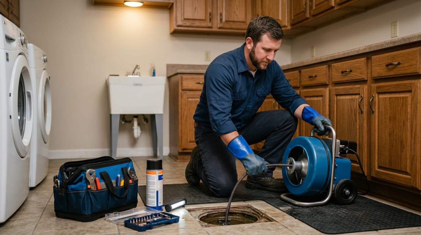 Plumber clearing a clogged drain during a drain cleaning service in Tupelo, MS