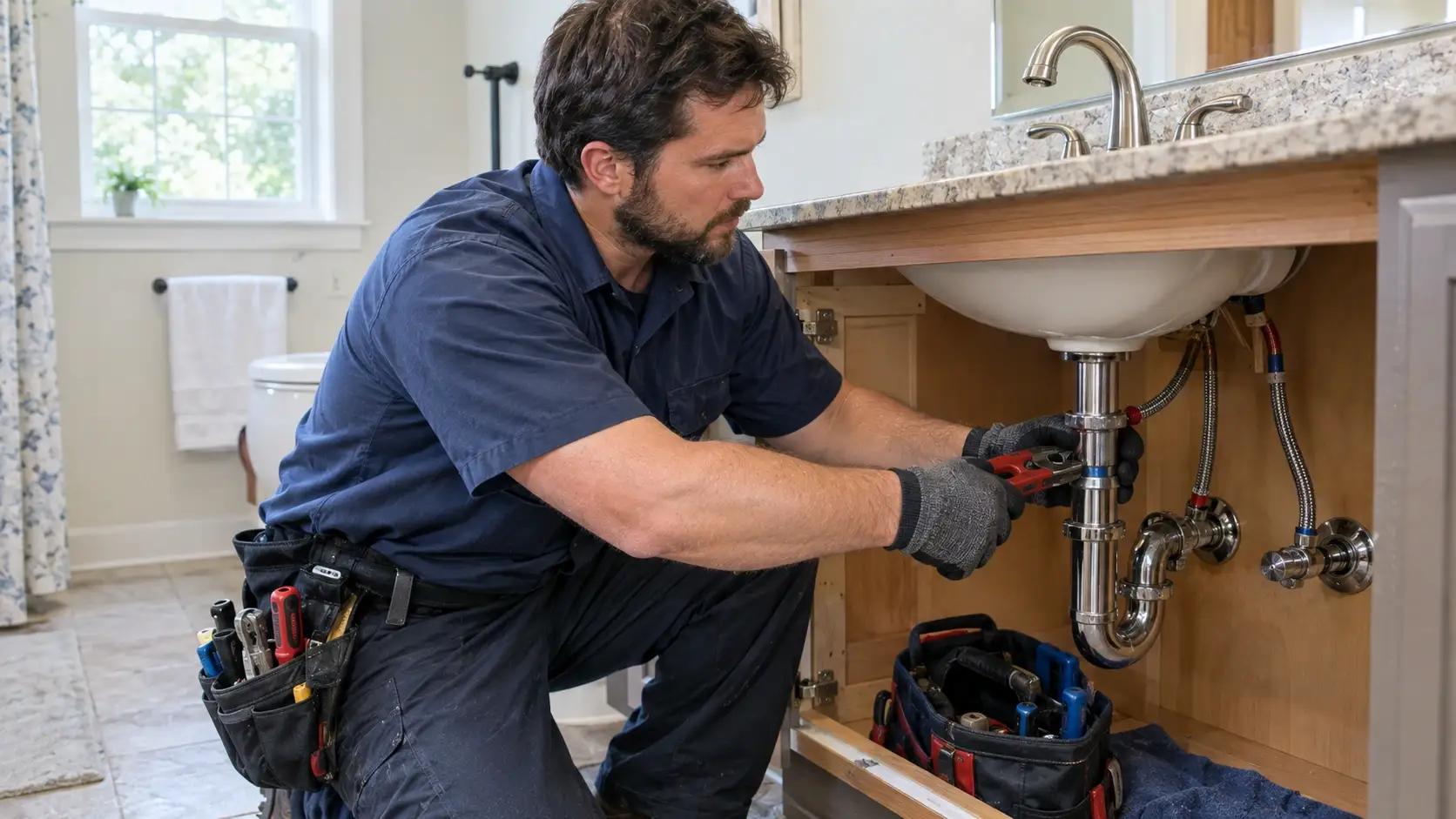 Plumber repairing a faucet fixture in a Tupelo, MS home
