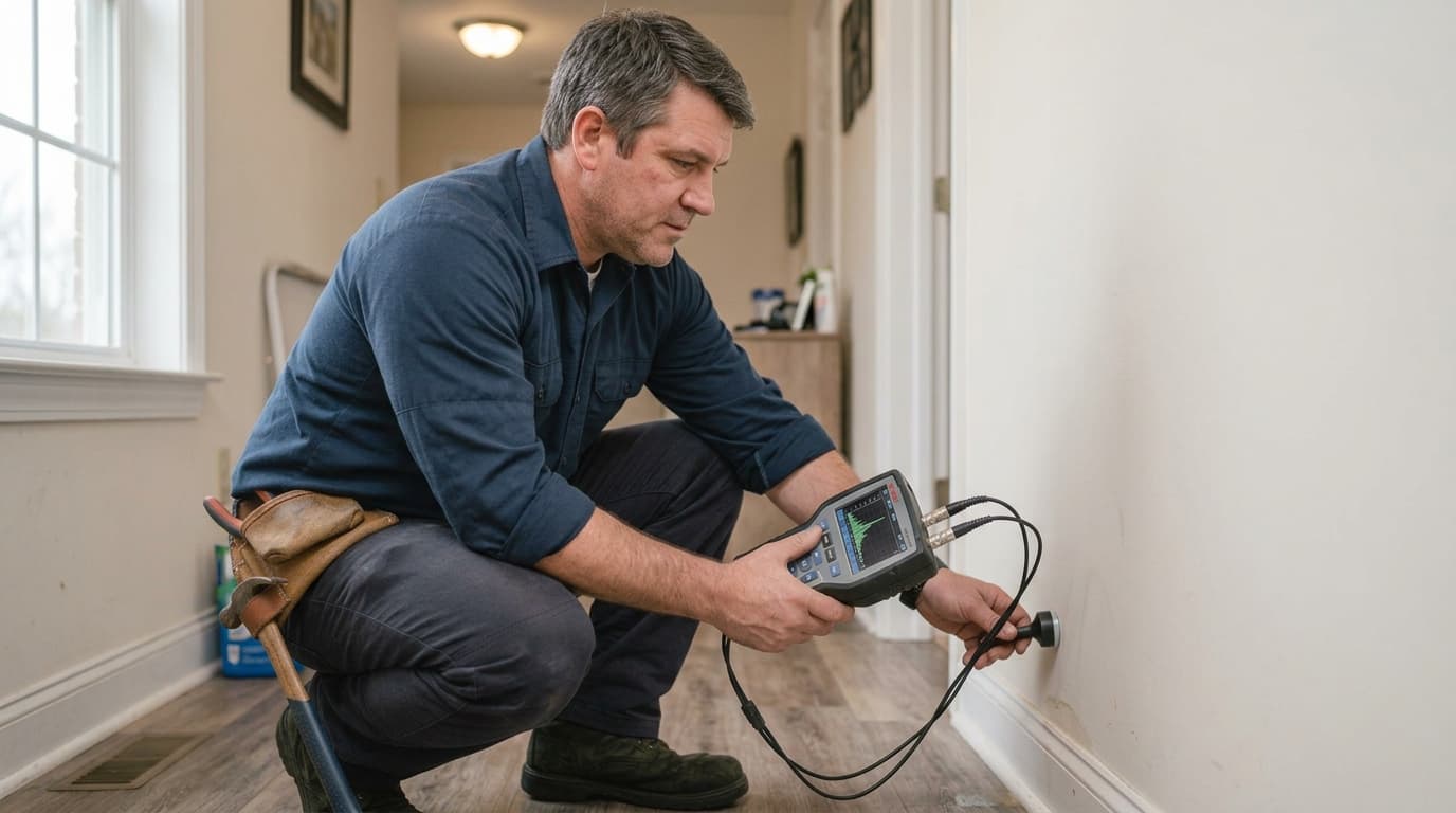 Plumber using leak detection equipment to locate a hidden water leak in Tupelo, MS