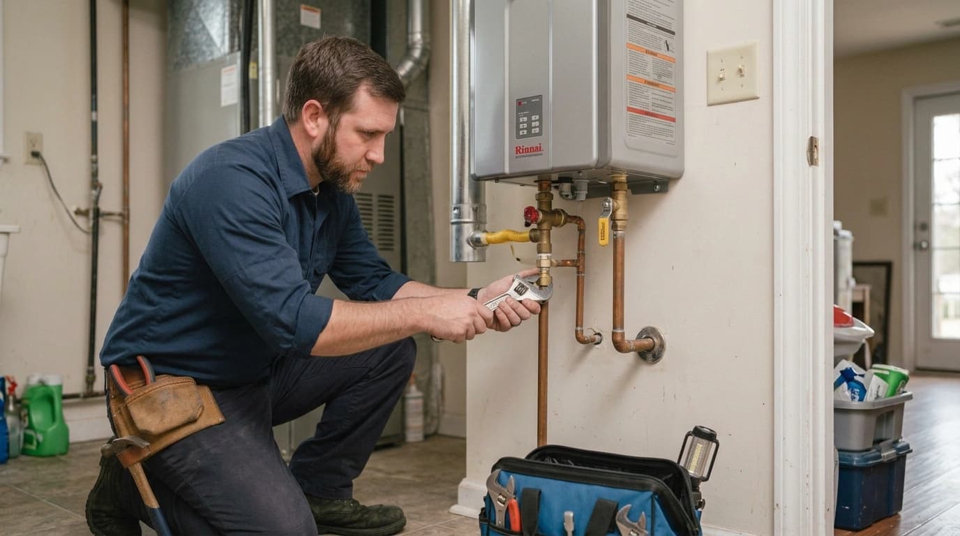 Plumber servicing a tankless water heater unit in Tupelo, MS