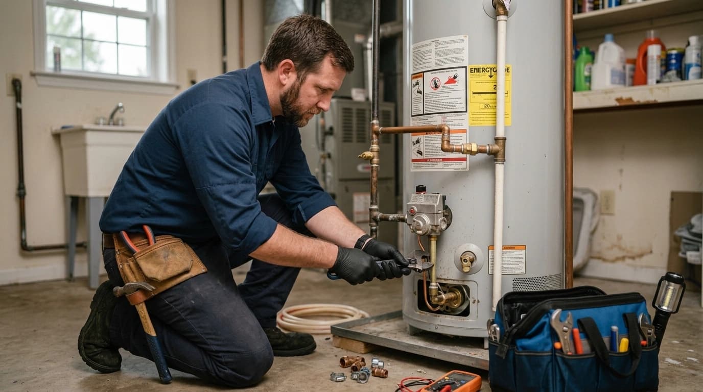 Plumber repairing a residential water heater in Tupelo, MS